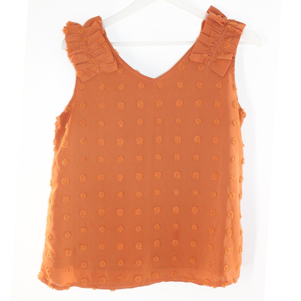SHEIN Blouse Swiss Dot Ruffle Shoulder Size M Rust Orange - Picture 2 of 8